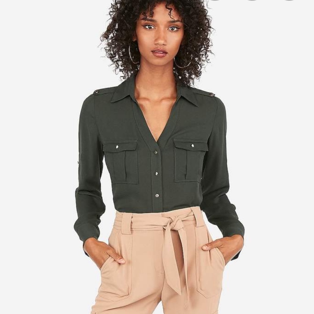 Express Olive Green Slimfit Military Button Up